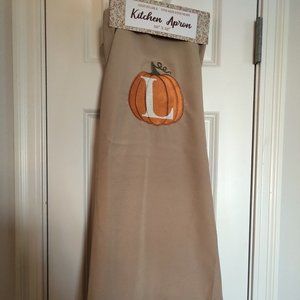 NWT Monogrammed L Ktichen Apron Autumn Pumpkin Tan 30 x 32" neck & waist tie
